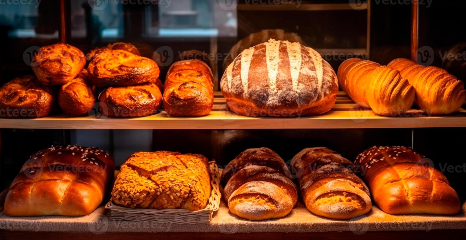 Fresh baked bread on bakery showcase, wheat products AI generated