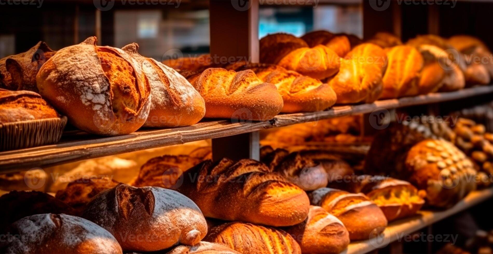 Fresh baked bread on bakery showcase, wheat products AI generated