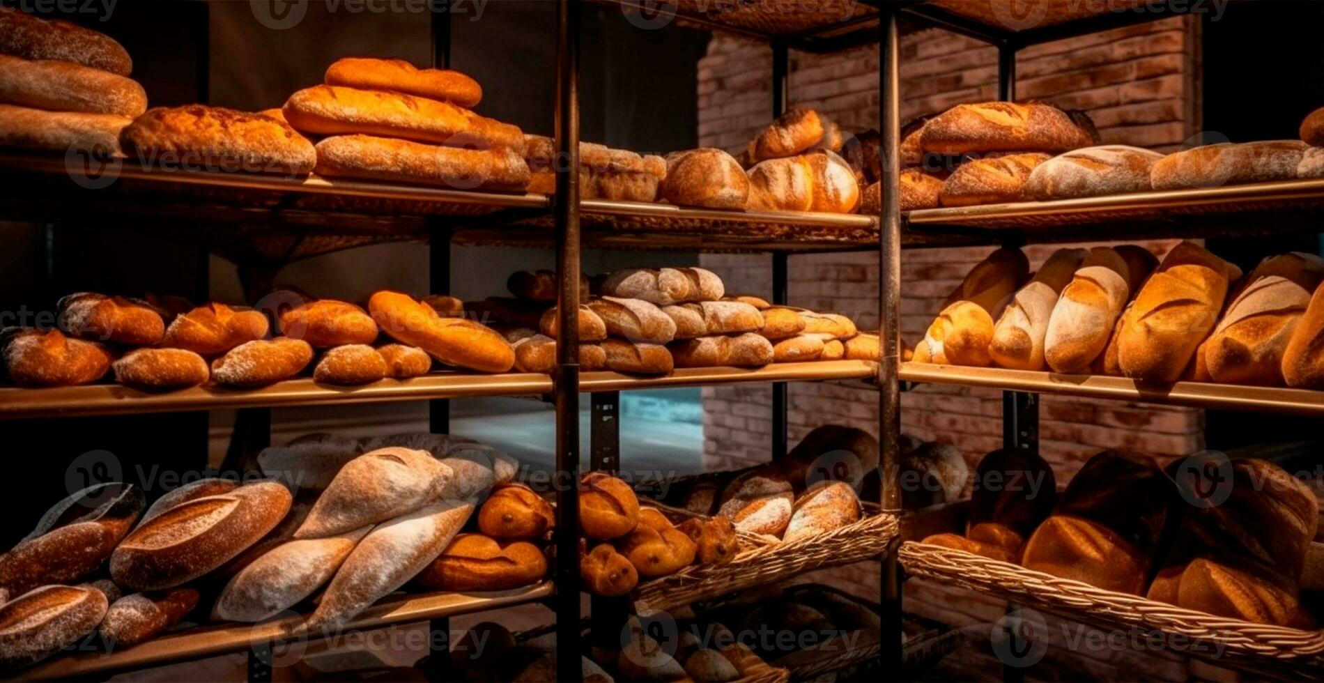 Fresco horneado un pan en panadería escaparate, trigo productos - ai generado imagen foto