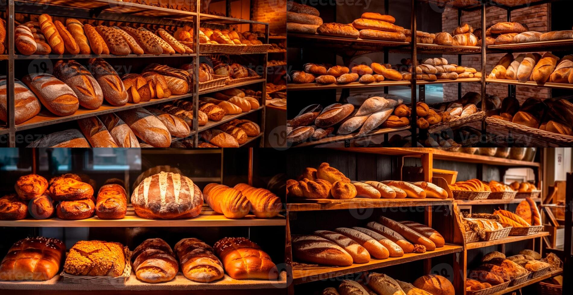 Fresh baked bread on bakery showcase, wheat products - AI generated image photo