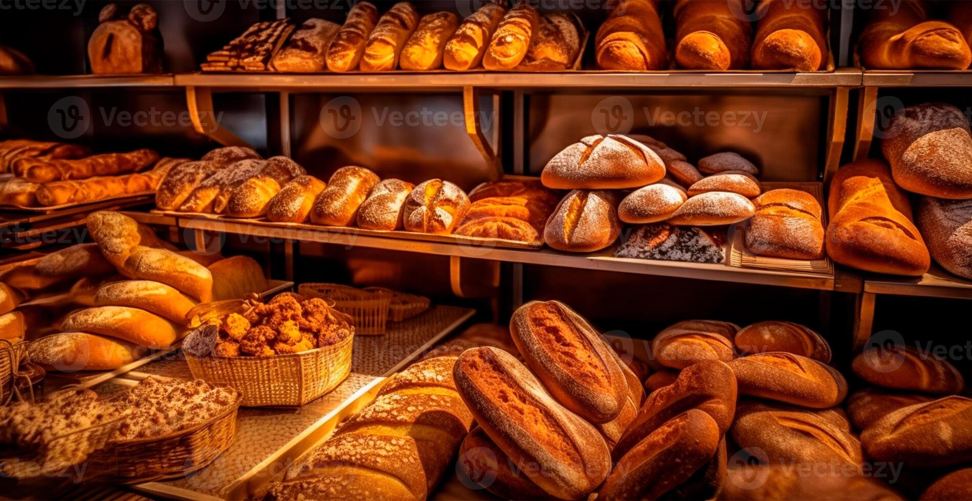 Fresh baked bread on bakery showcase, wheat products - AI generated image photo