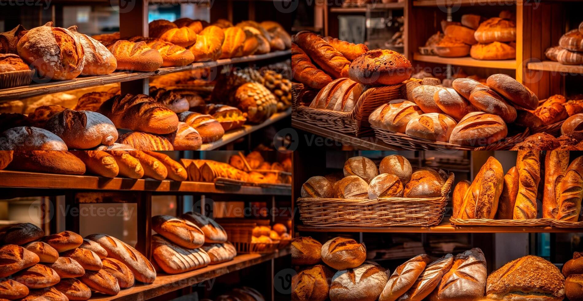 Fresh baked bread on bakery showcase, wheat products - AI generated image photo