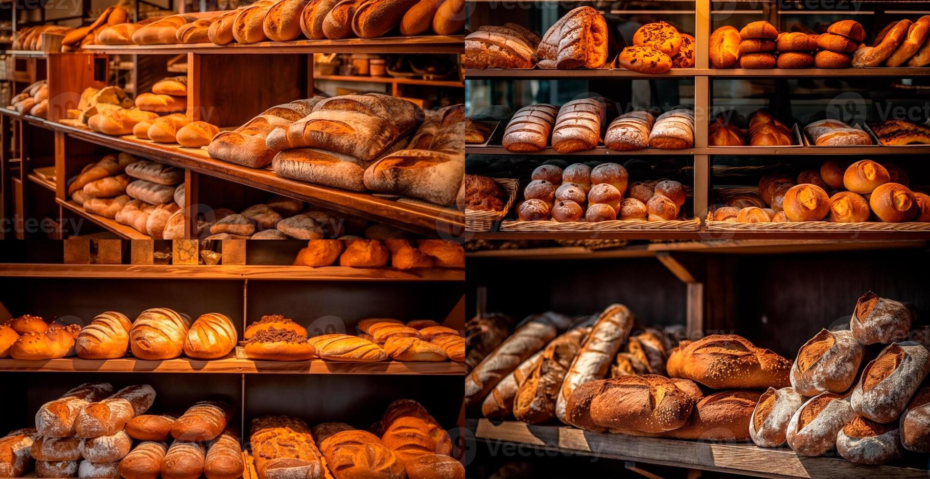 Fresh baked bread on bakery showcase, wheat products - image photo