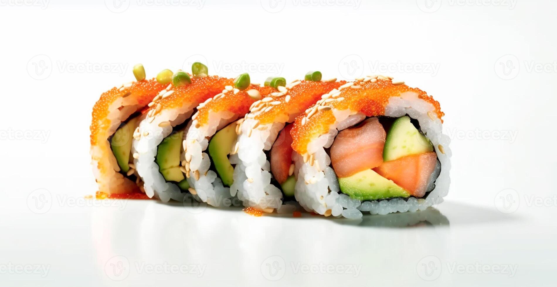 Rolls with salmon, avocado, tuna and cucumber on a white background. Japanese Cuisine - AI Generated Image photo