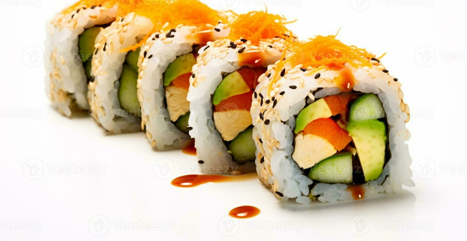 Rolls with salmon, avocado, tuna and cucumber on a white background. Japanese Cuisine - AI Generated Image photo