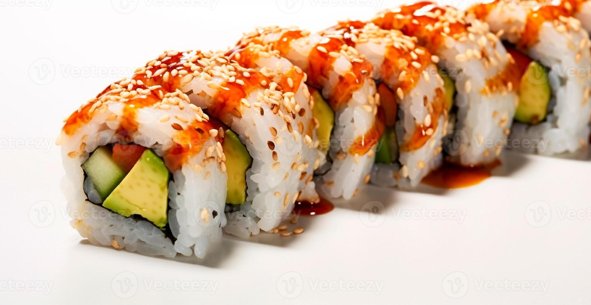 Rolls with salmon, avocado, tuna and cucumber on a white background. Japanese Cuisine - AI Generated Image photo