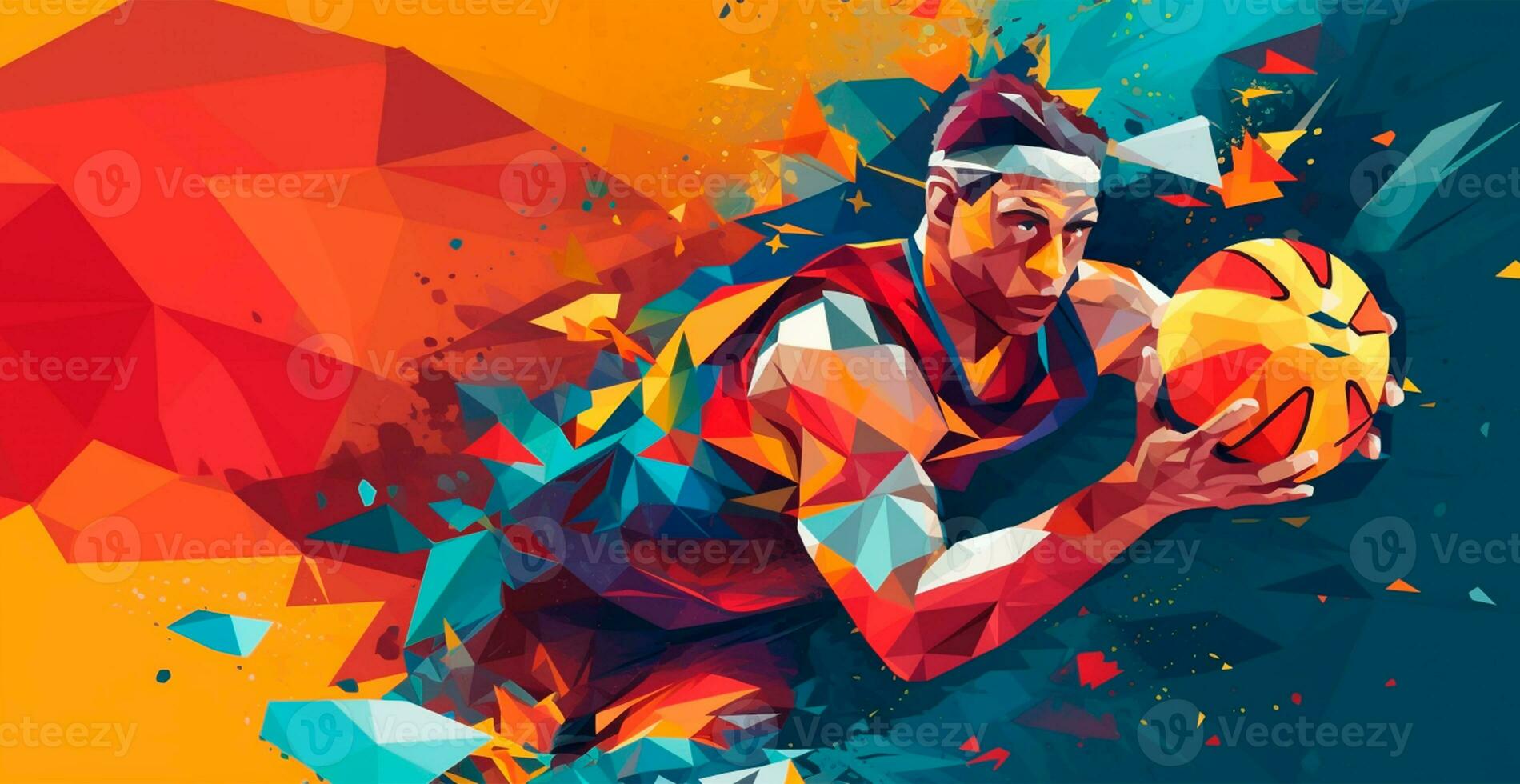 Abstract basketball panoramic background, basketball player with ball - AI generated image photo