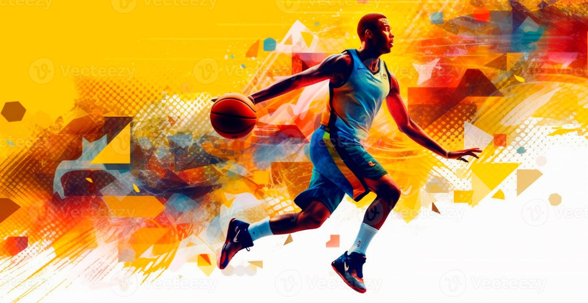 Abstract basketball panoramic background, basketball player with ball - AI generated image photo