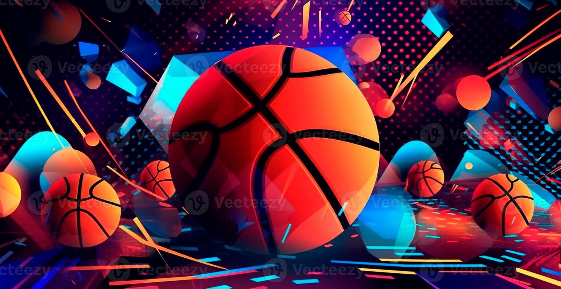 Abstract basketball panoramic background, orange basketball - AI generated image photo