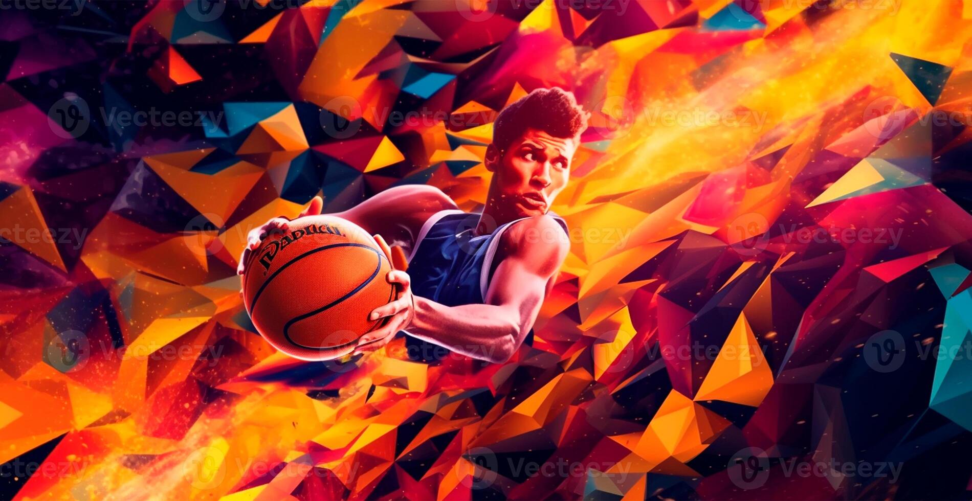 Abstract basketball panoramic background, basketball player with ball - AI generated image photo