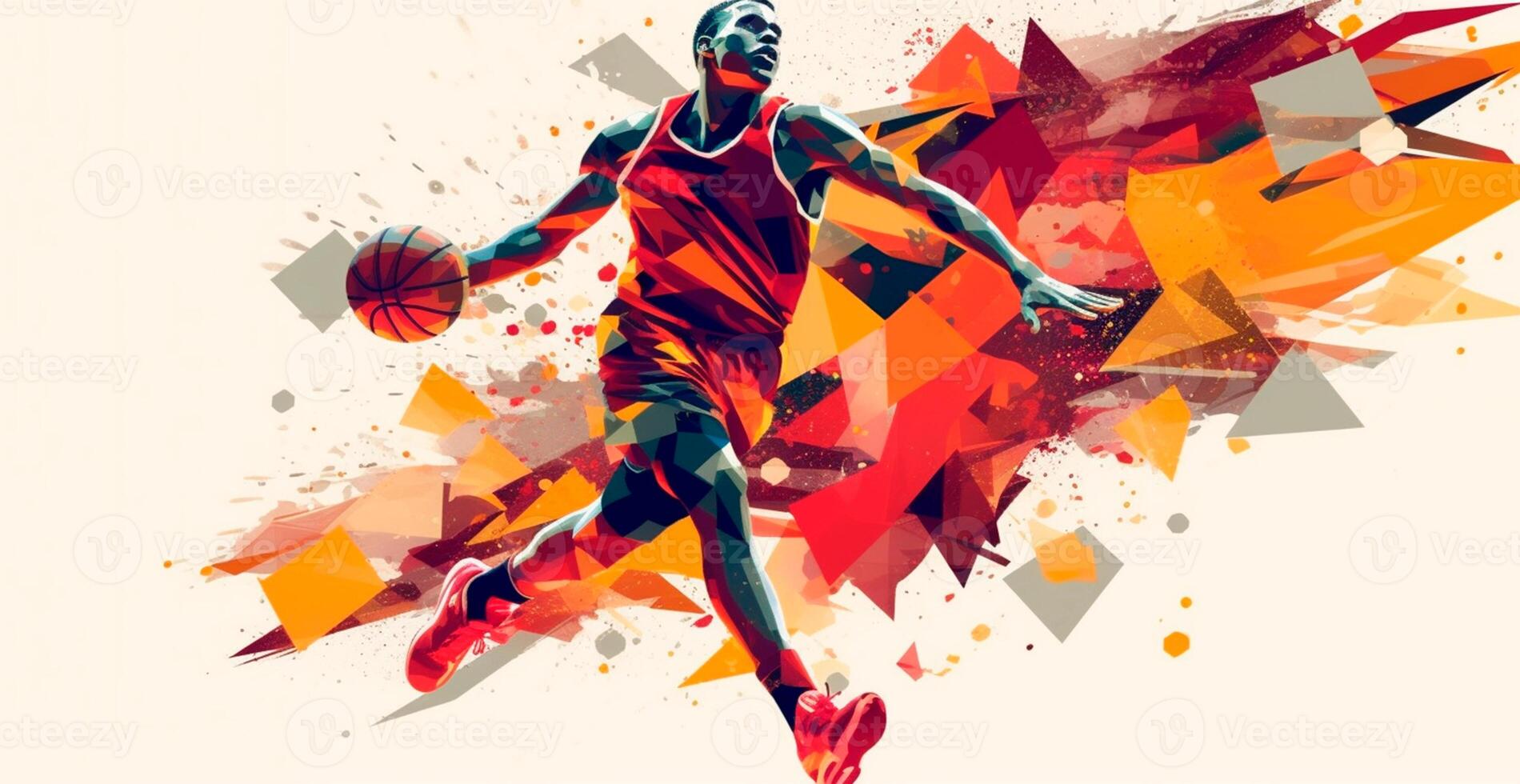 Abstract basketball panoramic background, basketball player with ball - AI generated image photo