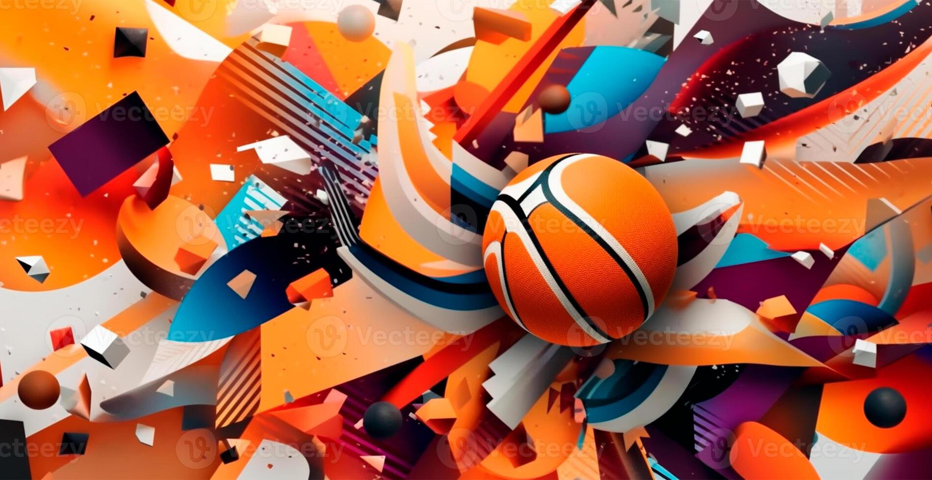 Abstract basketball panoramic background, orange basketball - AI generated image photo