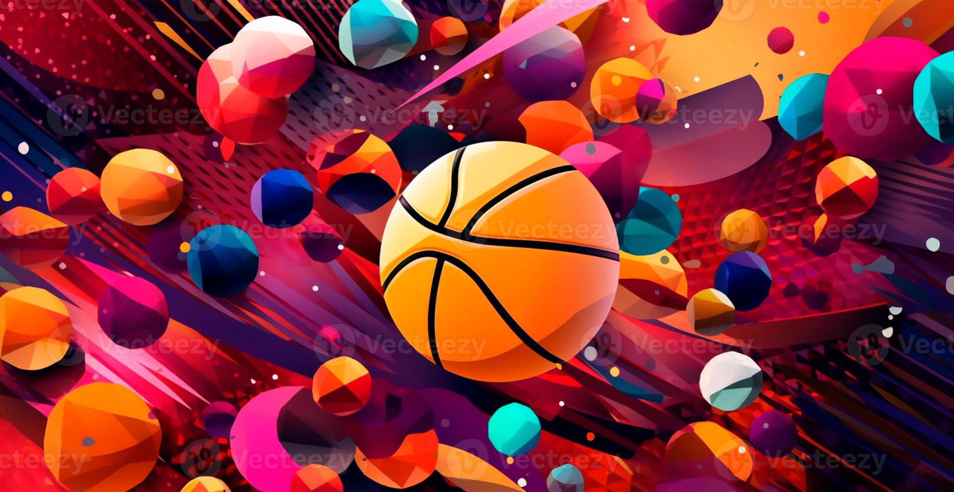 Abstract basketball panoramic background, orange basketball - AI generated image photo