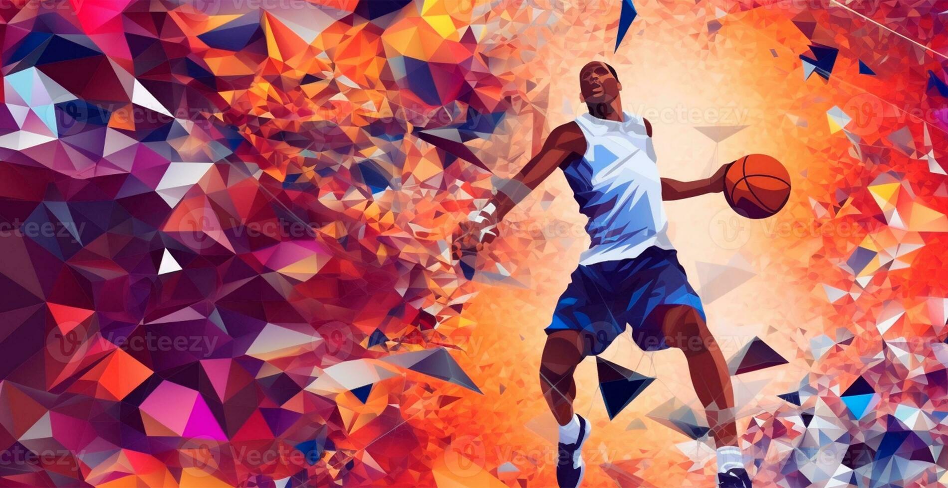 Abstract basketball panoramic background, basketball player with ball - AI generated image photo