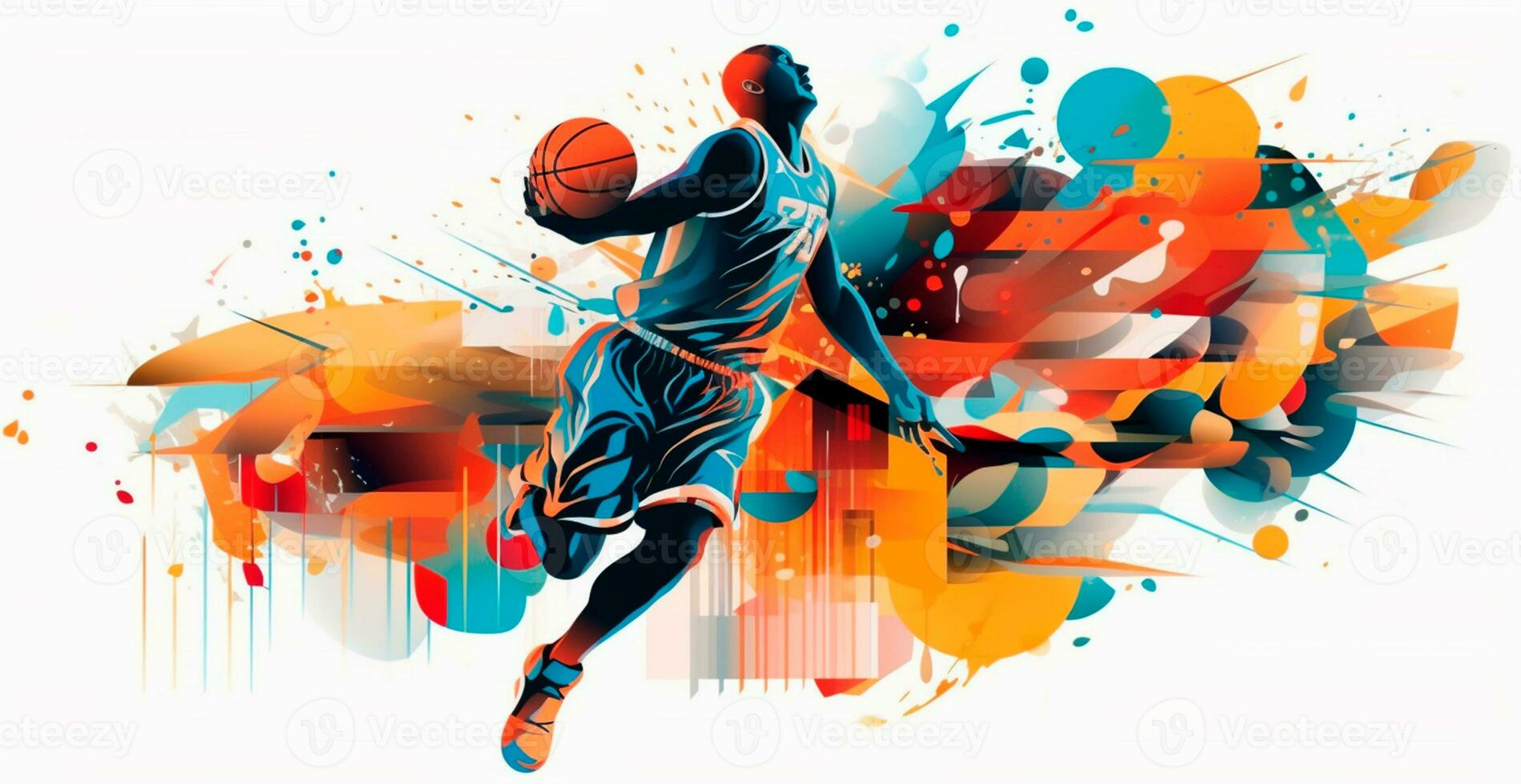 Abstract basketball panoramic background, basketball player with ball - AI generated image photo