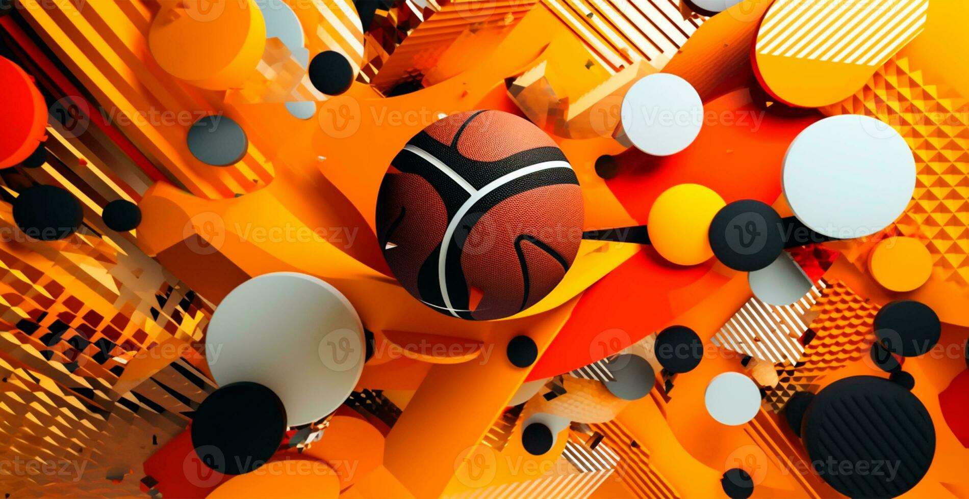 Abstract basketball panoramic background, orange basketball - AI generated image photo