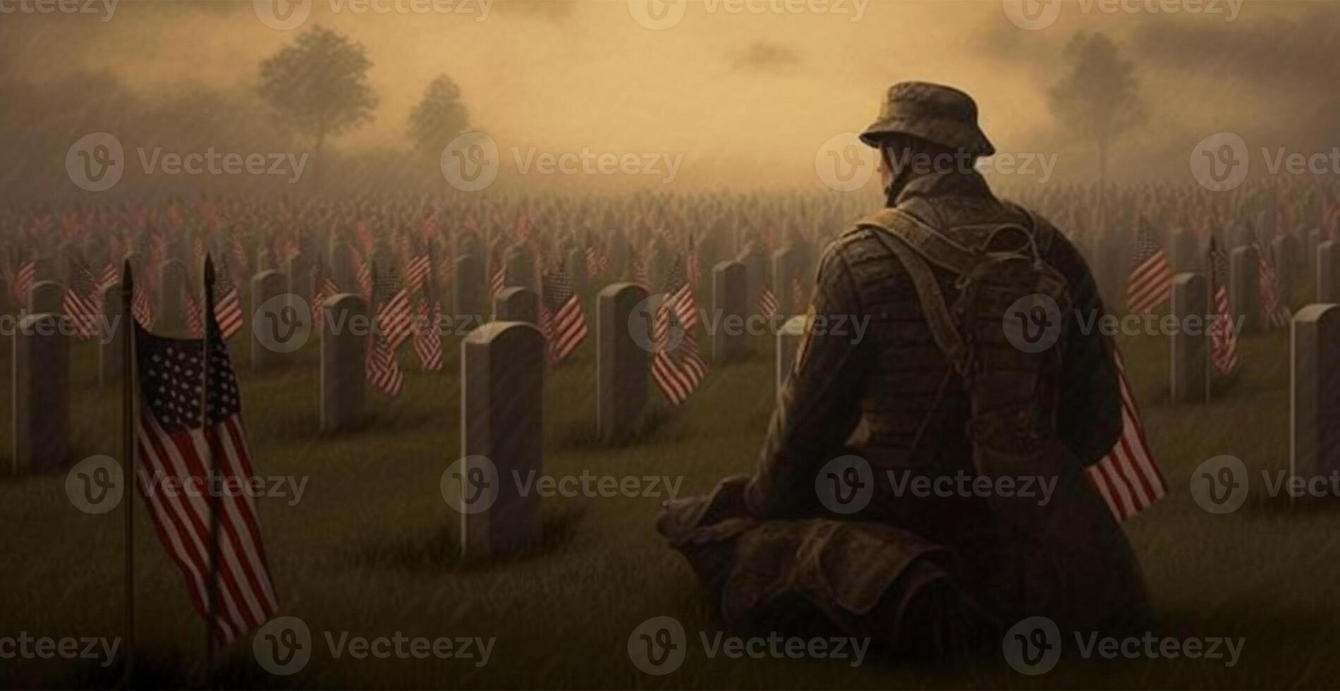 Headstones with US flags at Arlington National Cemetery on Memorial Day - AI generated image photo