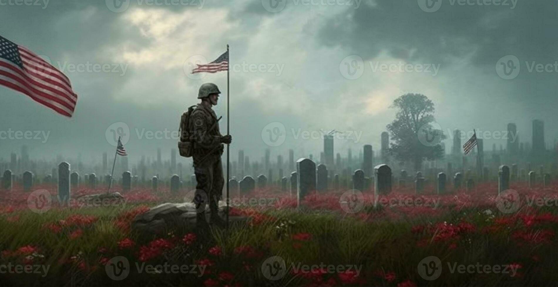 Headstones with US flags at Arlington National Cemetery on Memorial Day - AI generated image photo