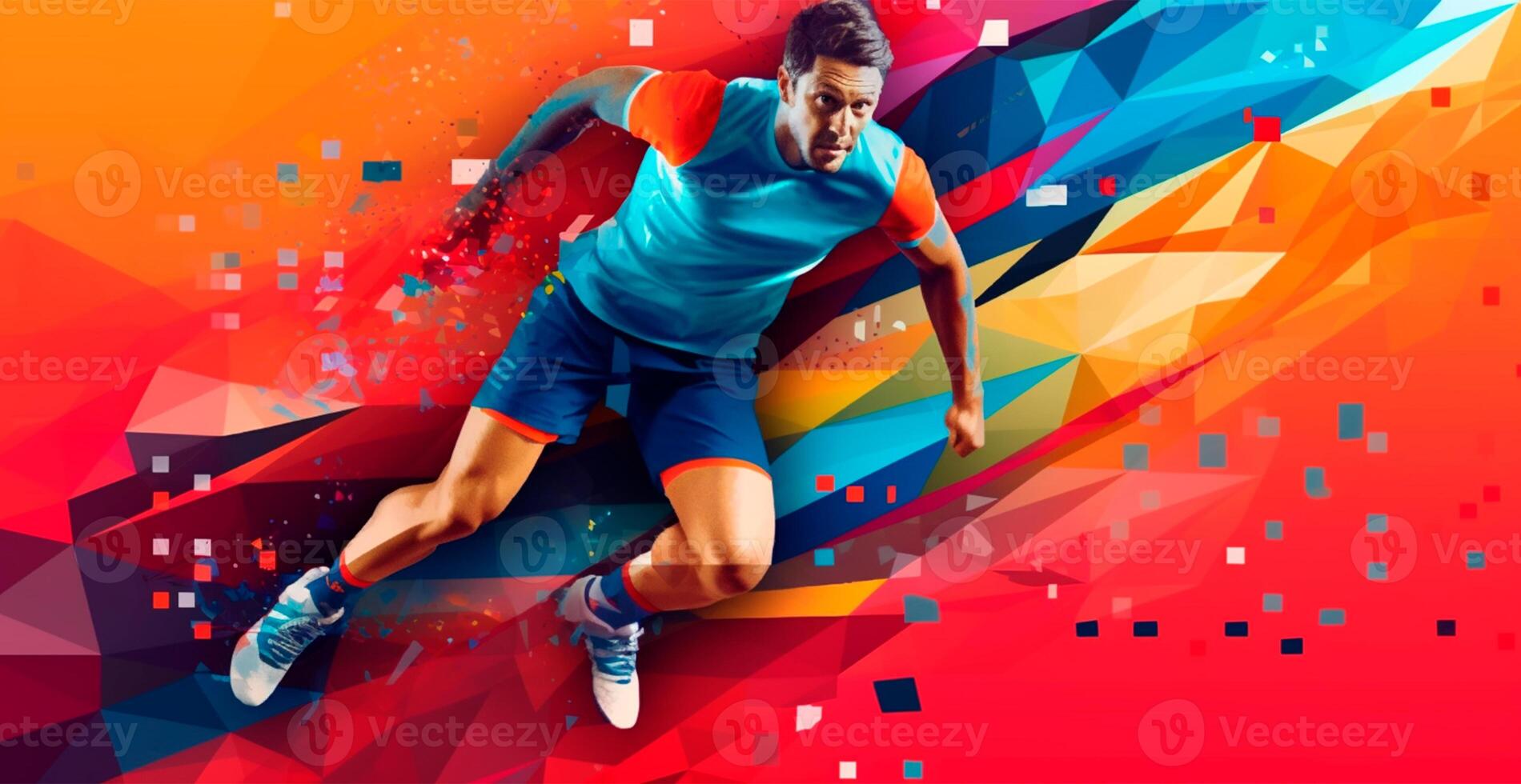 Abstract soccer player running with ball, bright color background - AI generated image photo