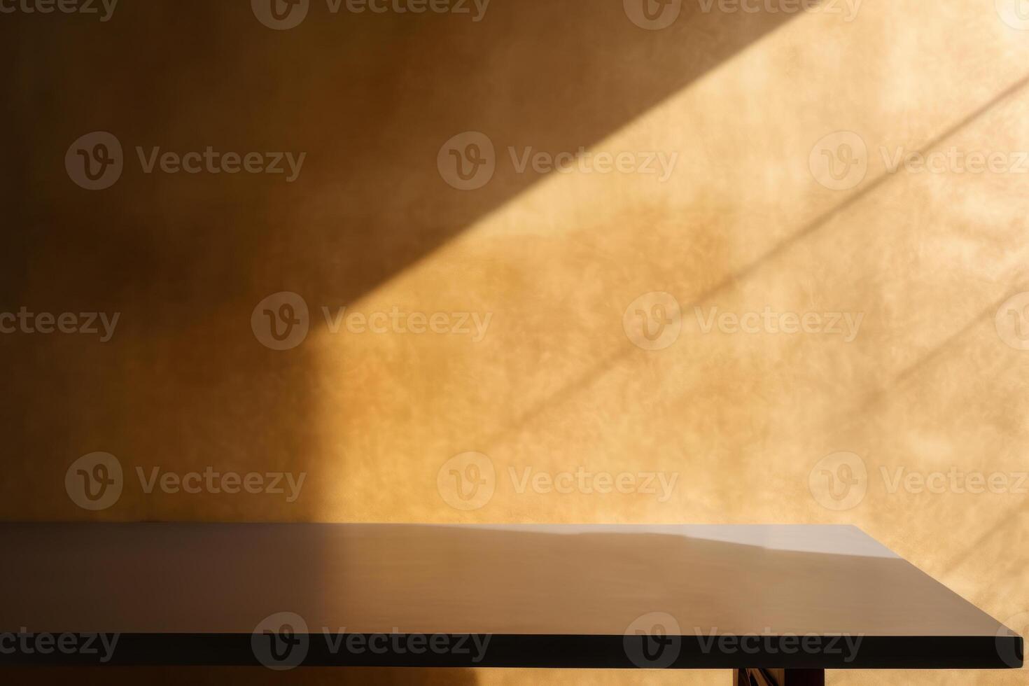 Empty minimal table and brown texture wall background. Composition mock up for branding product, cosmetic presentation with window shadows on the wall with light reflections. photo