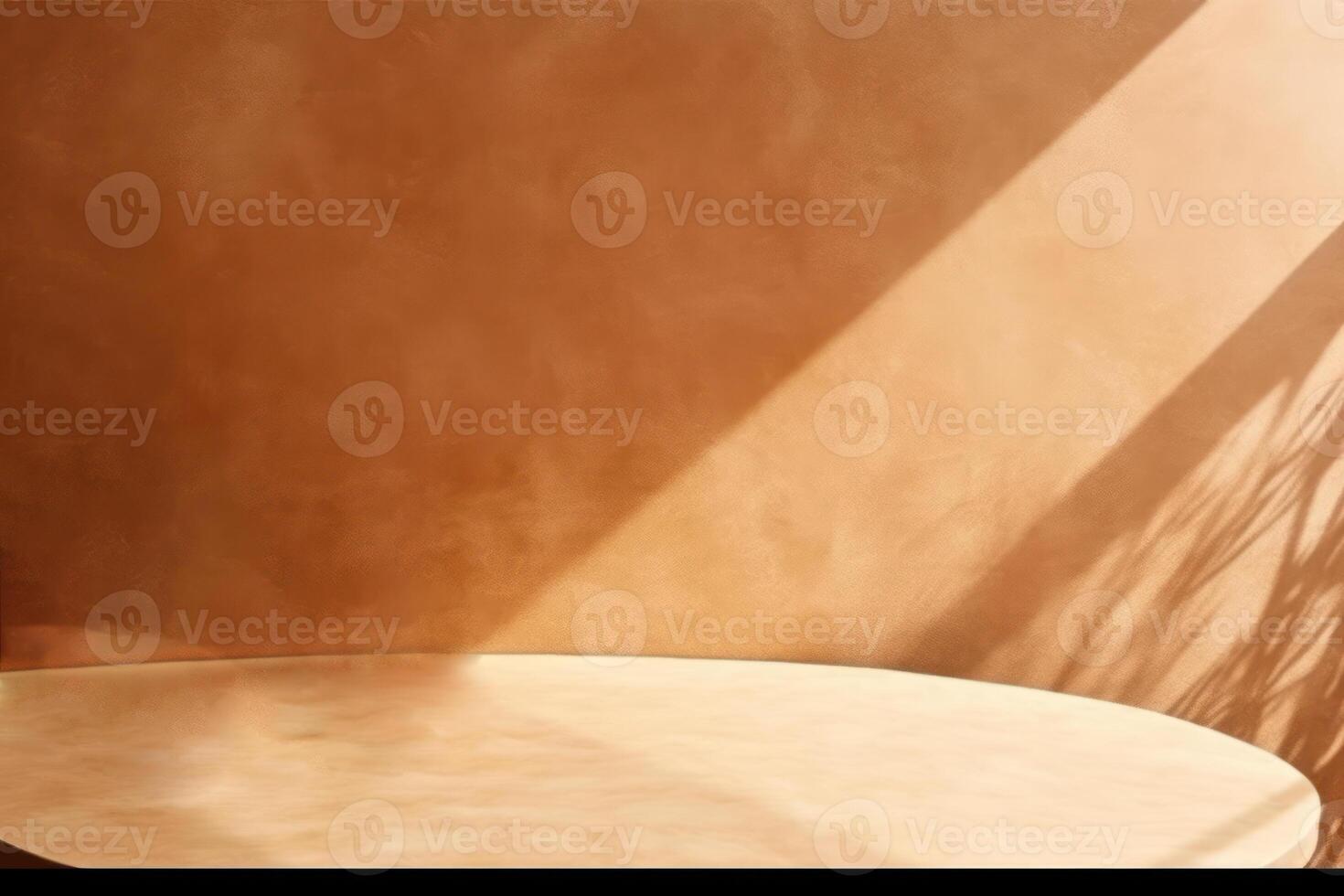 Empty minimal table and brown texture wall background. Composition mock up for branding product, cosmetic presentation with window shadows on the wall with light reflections. photo