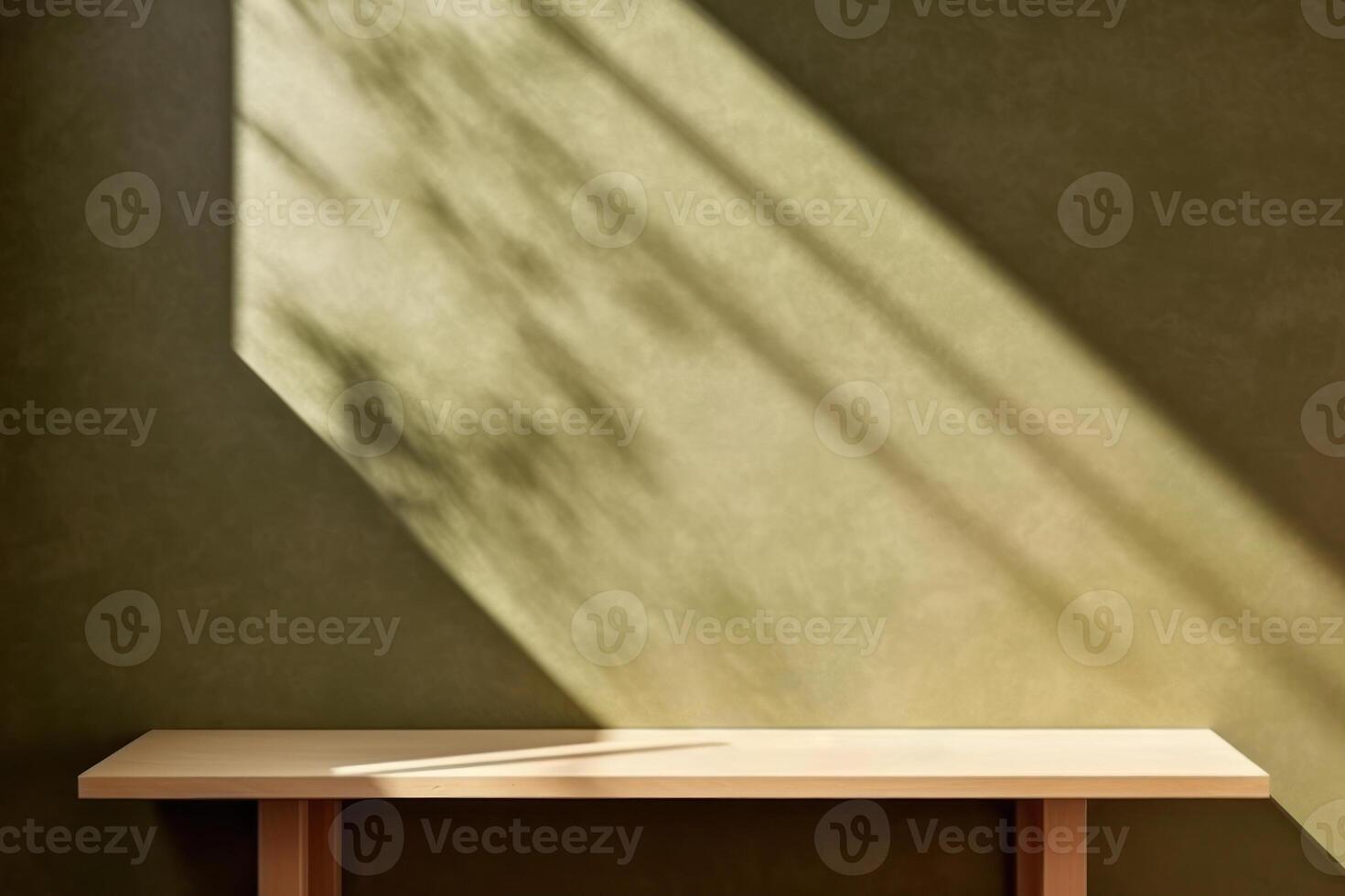 Empty minimal table and green texture wall background. Composition mock up for branding product, cosmetic presentation with window shadows on the wall with light reflections. photo
