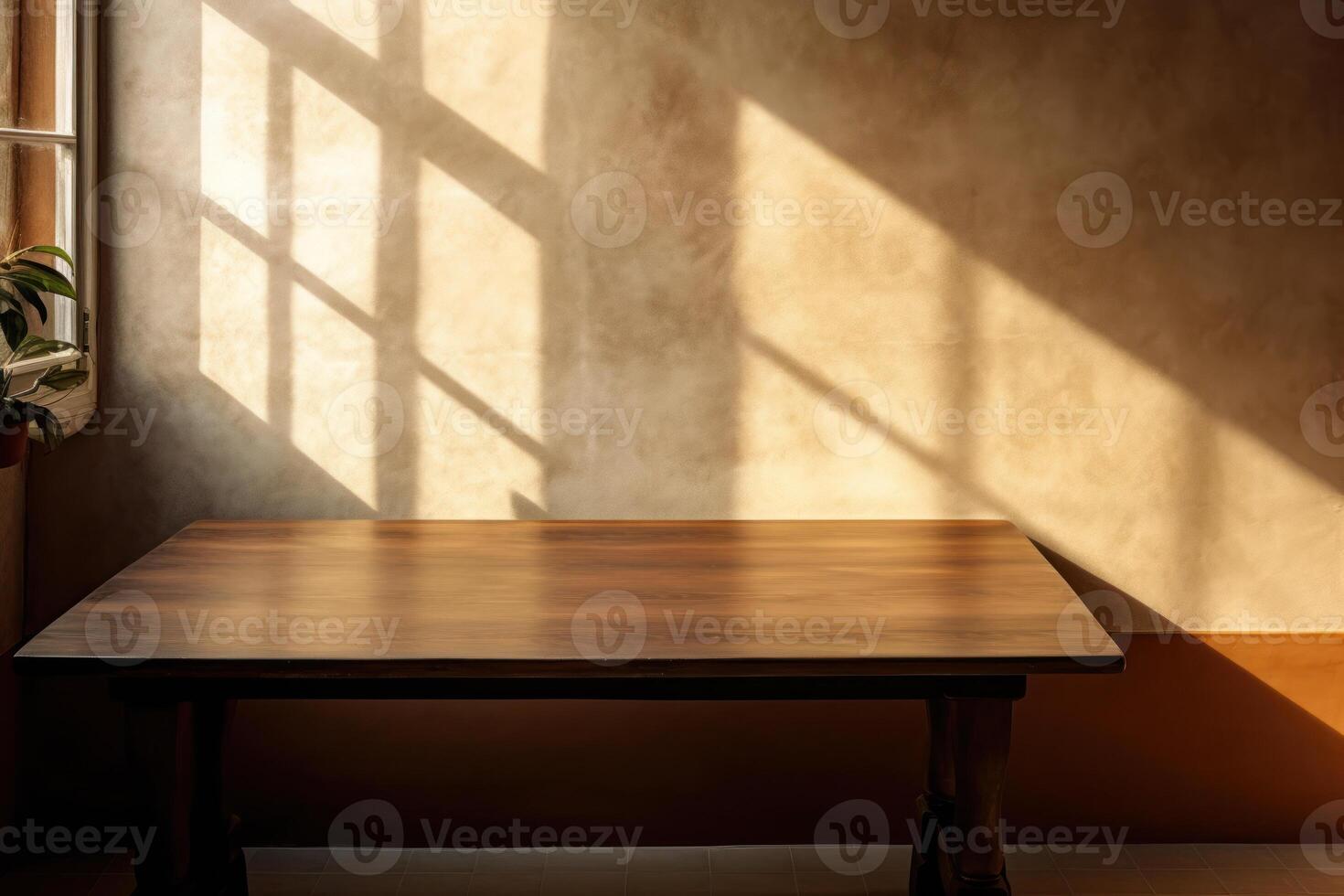 Empty minimal table and brown texture wall background. Composition mock up for branding product, cosmetic presentation with window shadows on the wall with light reflections. photo