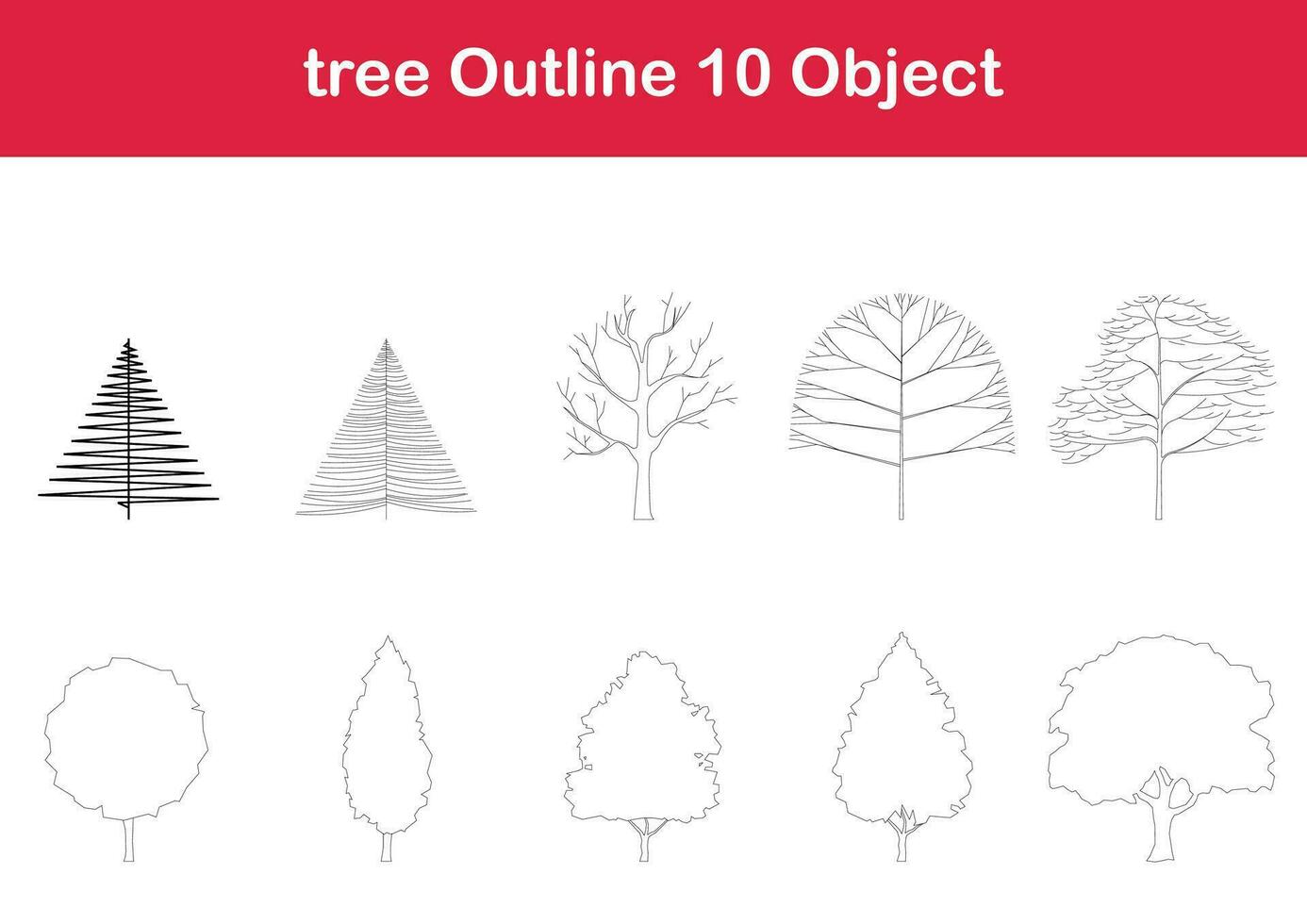 tree line drawing, Side view, graphics trees elements single object outline minimal plant symbol for architecture and landscape design. Vector illustration in stroke fill in white. forest, tropical.