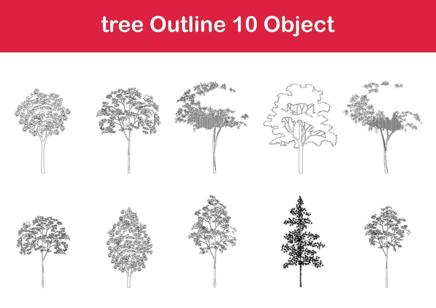 tree line drawing, Side view, graphics trees elements single object outline minimal plant symbol for architecture and landscape design. Vector illustration in stroke fill in white. forest, tropical.