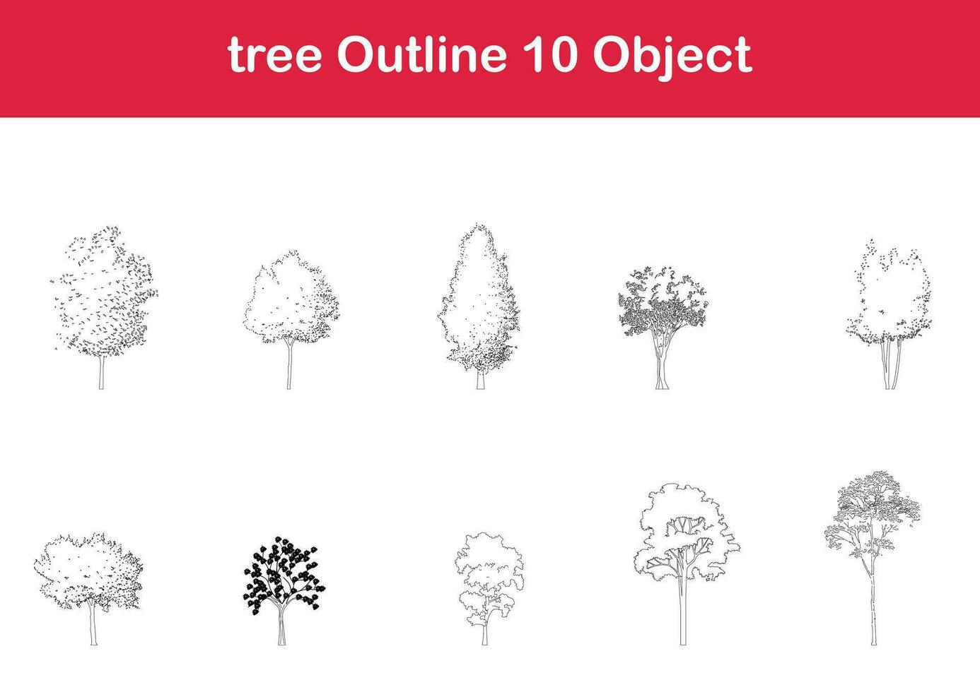 tree line drawing, Side view, graphics trees elements single object outline minimal plant symbol for architecture and landscape design. Vector illustration in stroke fill in white. forest, tropical.