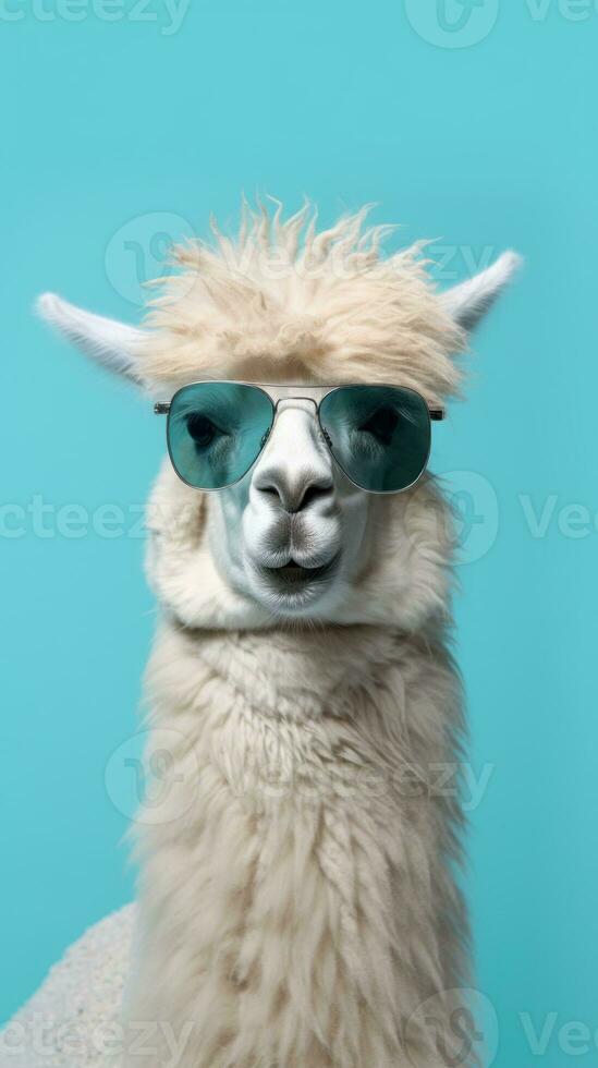 Cute Funny Lama in Sunglasses. Illustration AI Generative photo