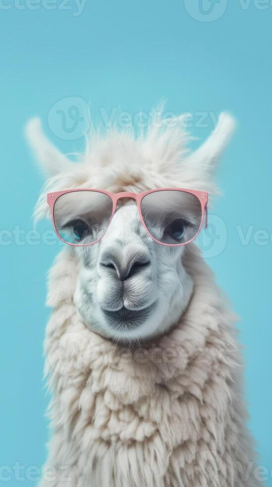 Cute Funny Lama in Sunglasses. Illustration AI Generative photo