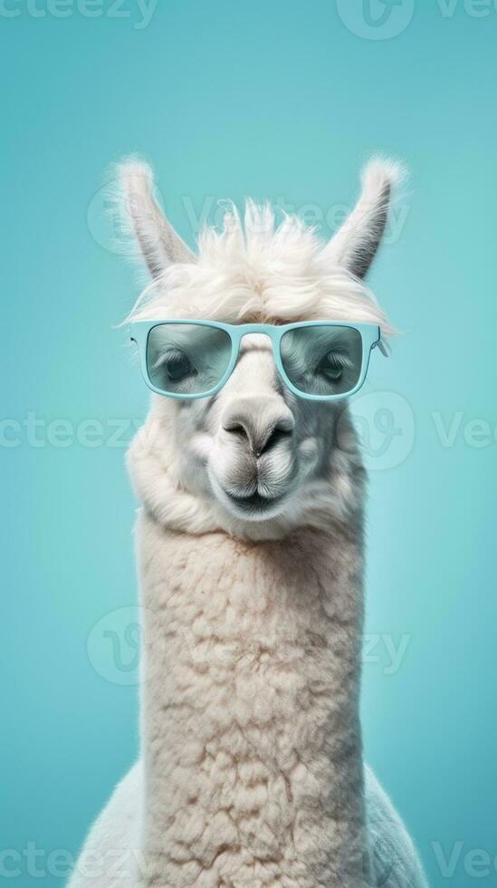 Cute Funny Lama in Sunglasses. Illustration AI Generative photo