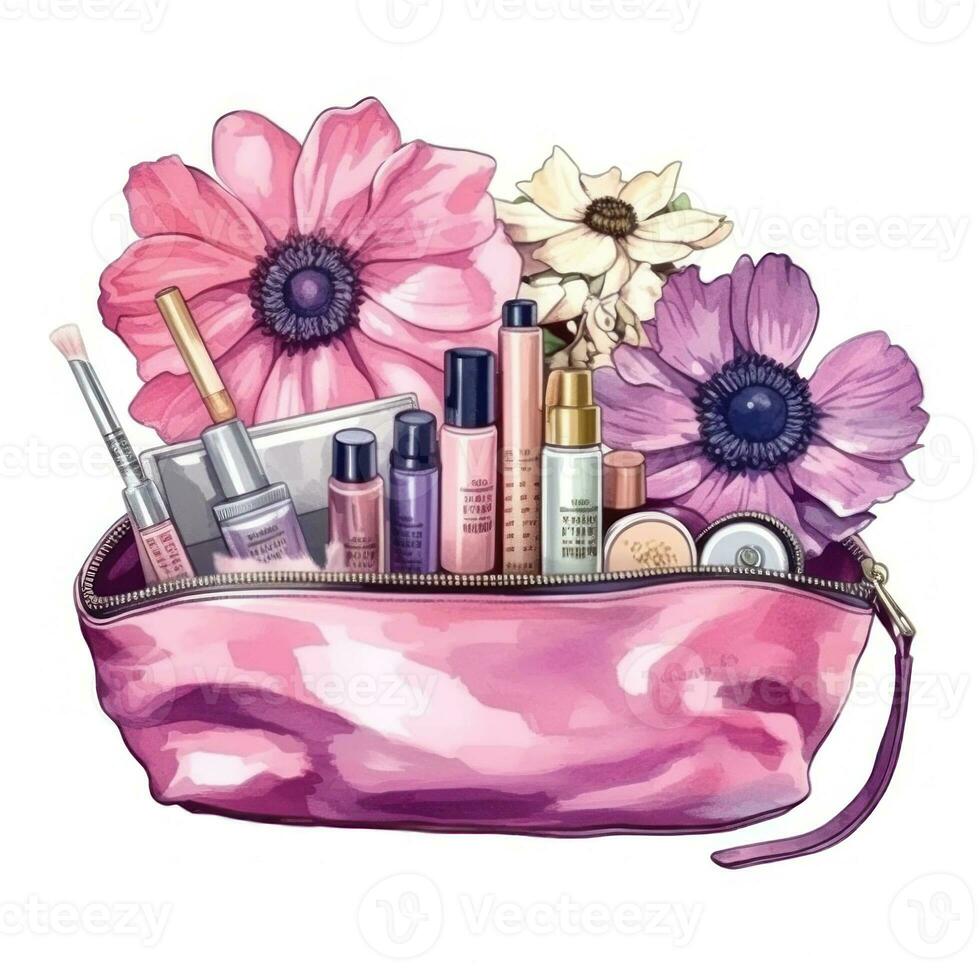 Pink Cosmetic Bag Watercolor. Illustration AI Generative photo