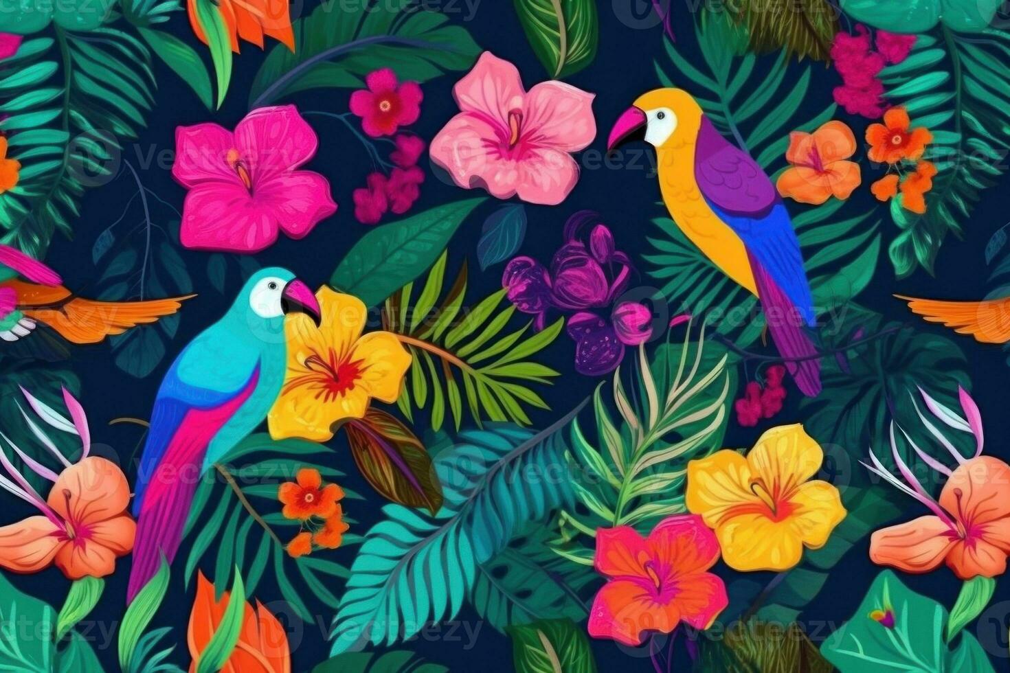Tropical Vivid Background with Flower and Birds. Illustration AI Generative photo