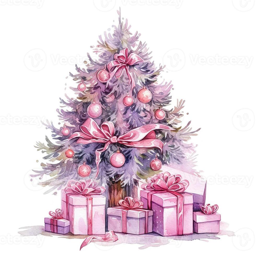 Watercolor Christmas Tree with Gifts. Illustration AI Generative photo