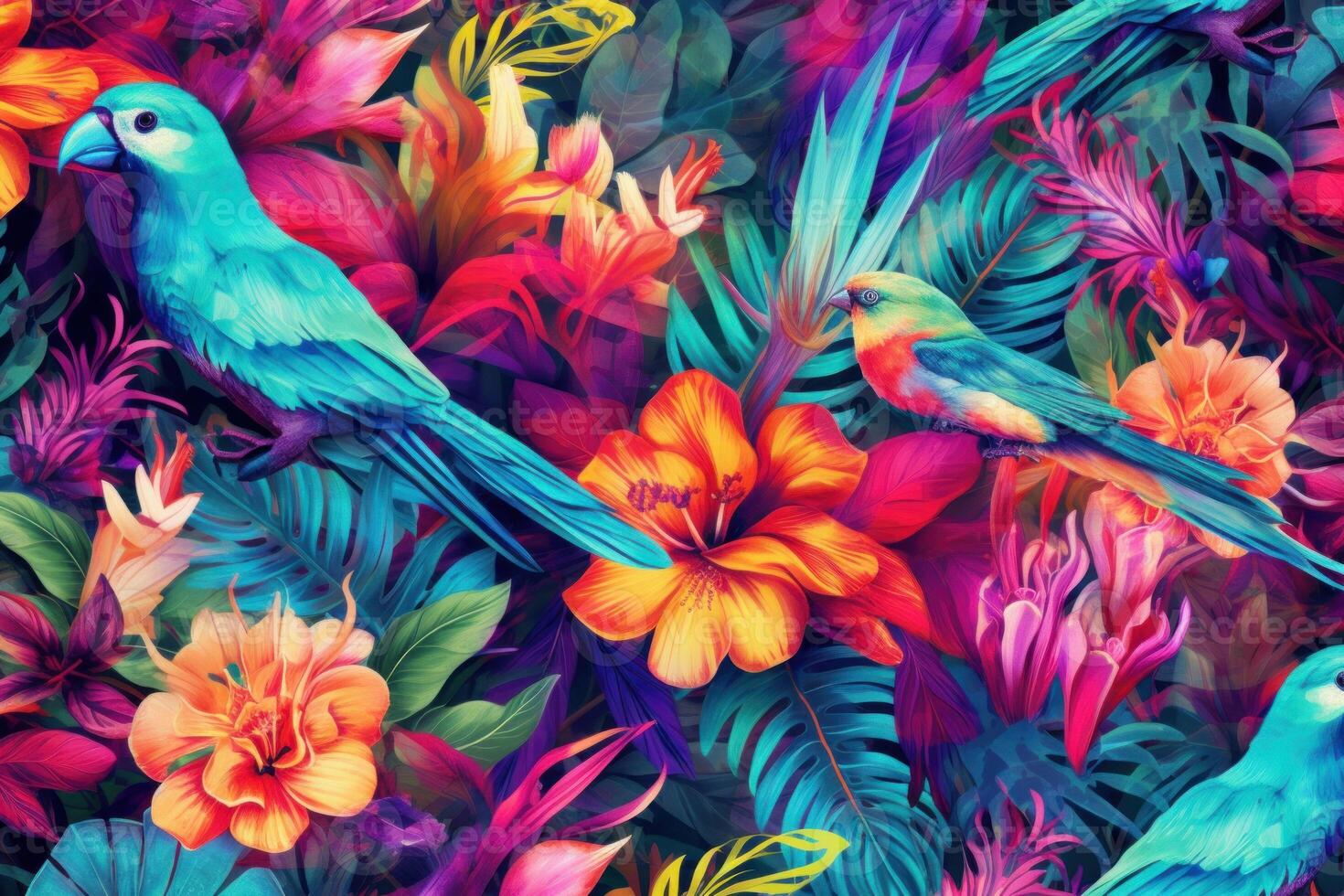 Tropical Vivid Background with Flower and Birds. Illustration AI Generative photo