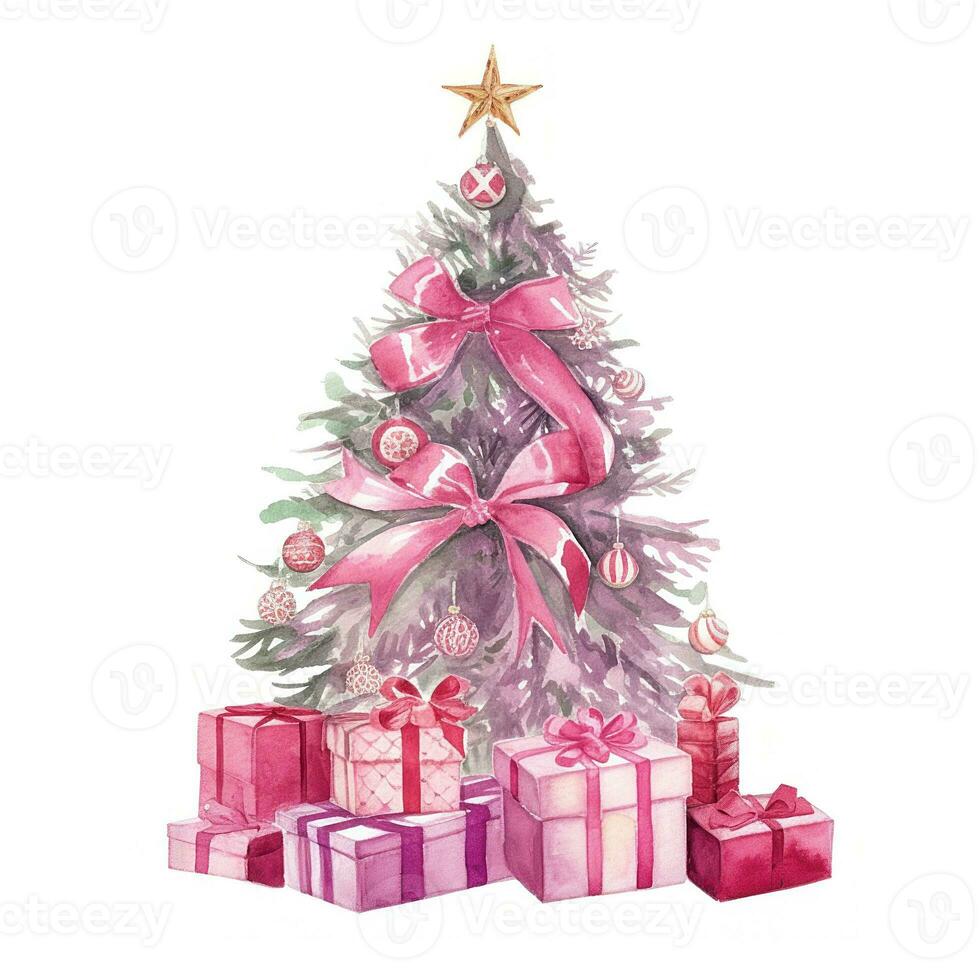 Watercolor Christmas Tree with Gifts. Illustration AI Generative photo