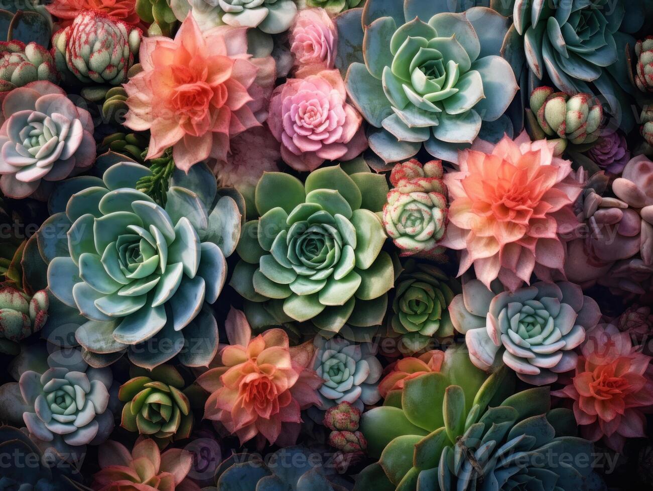 Collage of pink, green, and brown succulents. Illustration AI Generative photo