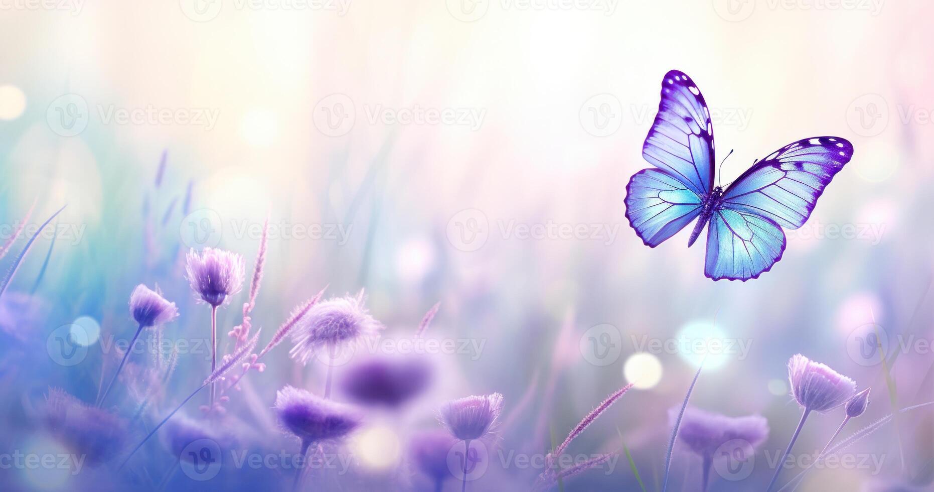 Butterfly on purple meadow. Illustration AI Generative photo