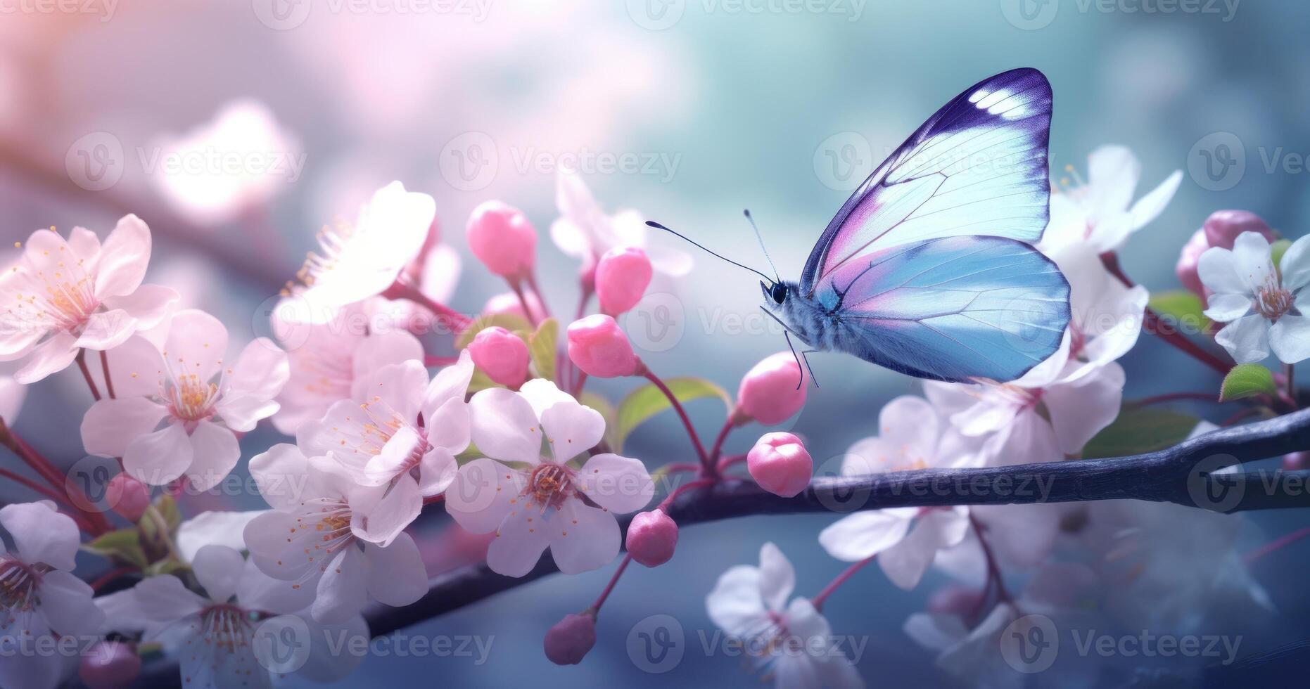 Butterfly on purple meadow. Illustration AI Generative photo