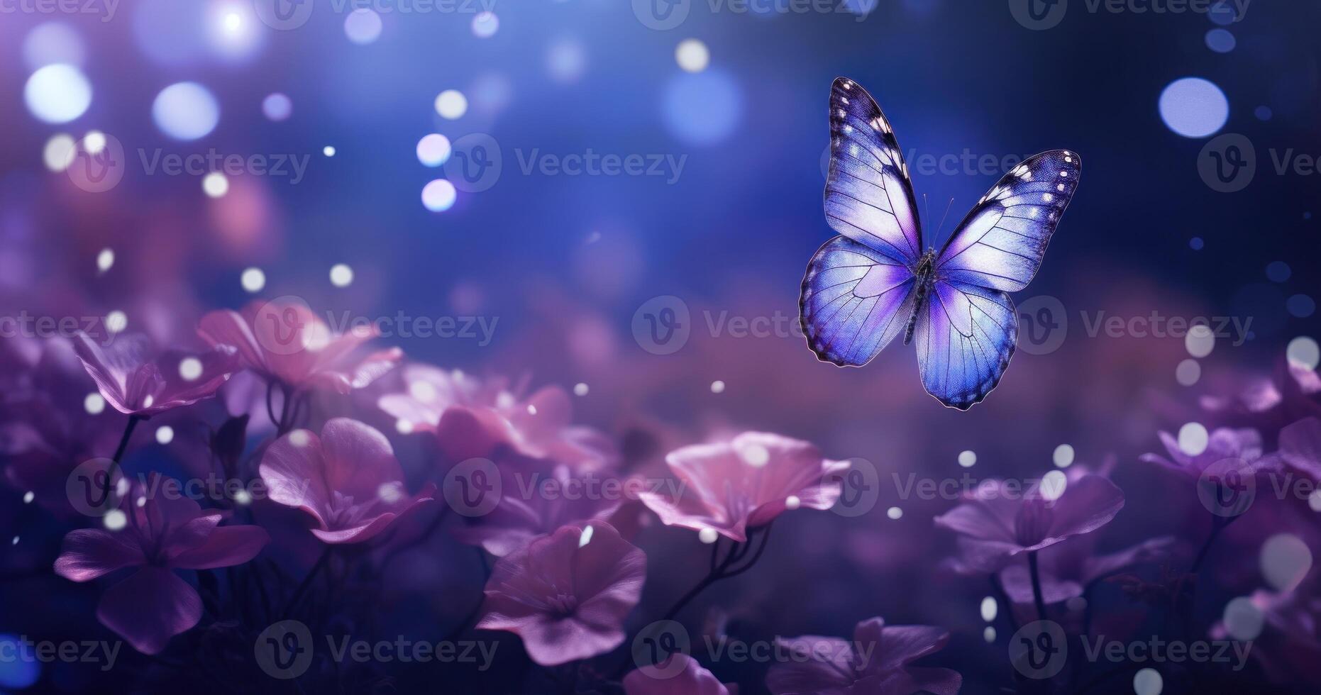 Butterfly on purple meadow. Illustration AI Generative photo