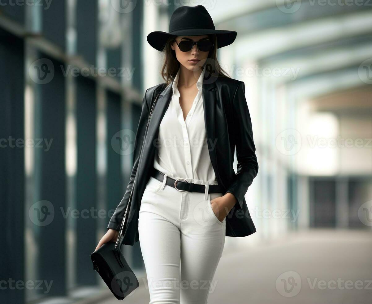 joven elegante mujer en un atuendo, en el estilo de urbano minimalismo  ilustración ai generativo 25527558 Foto de stock en Vecteezy