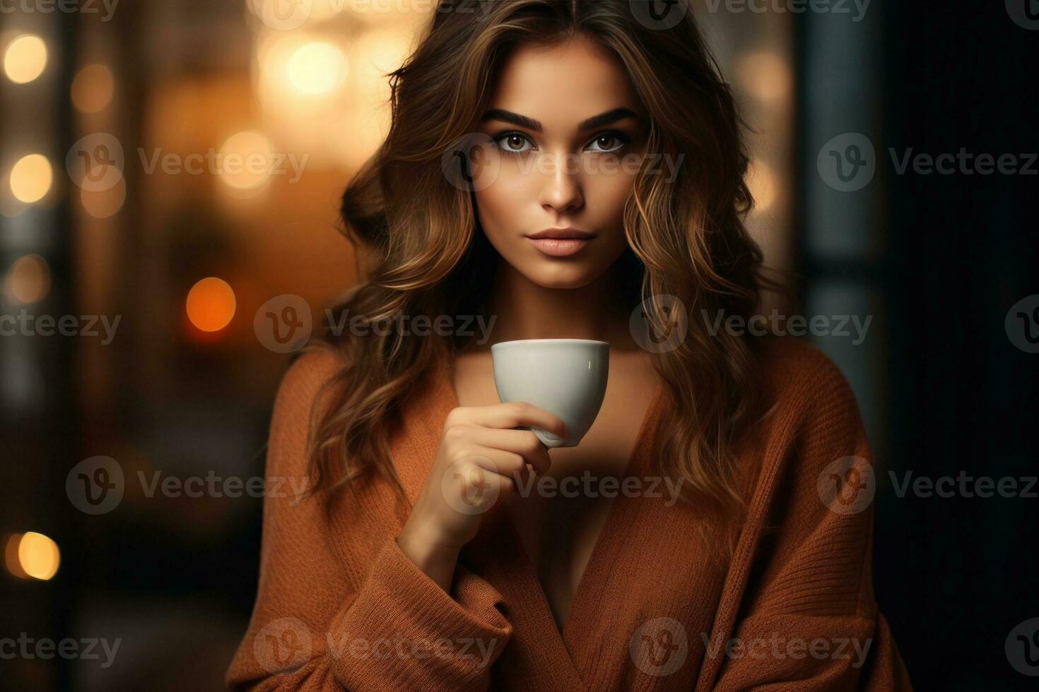 Girl with cup of coffee. Illustration AI Generative photo