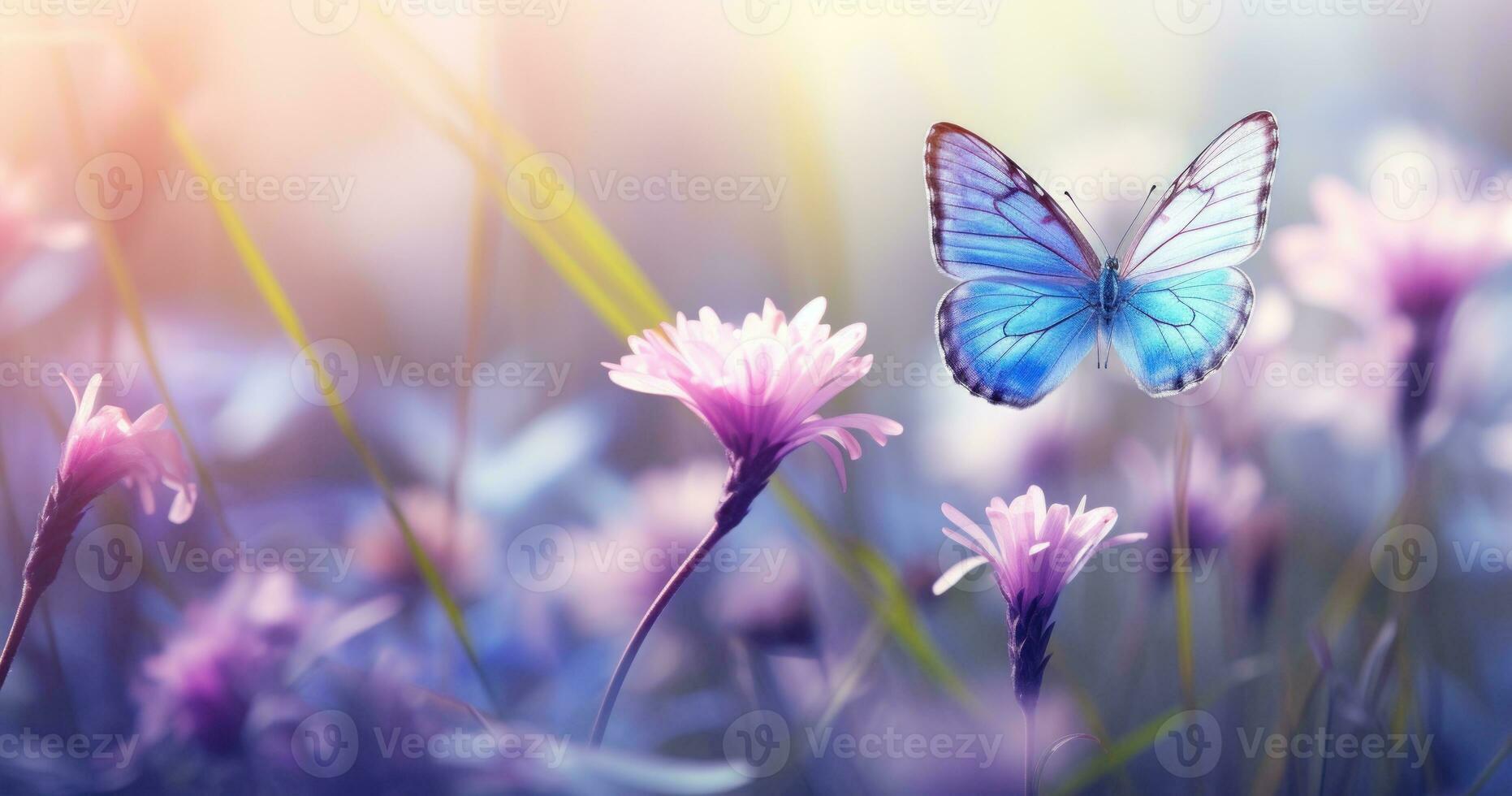 Butterfly on purple meadow. Illustration AI Generative photo