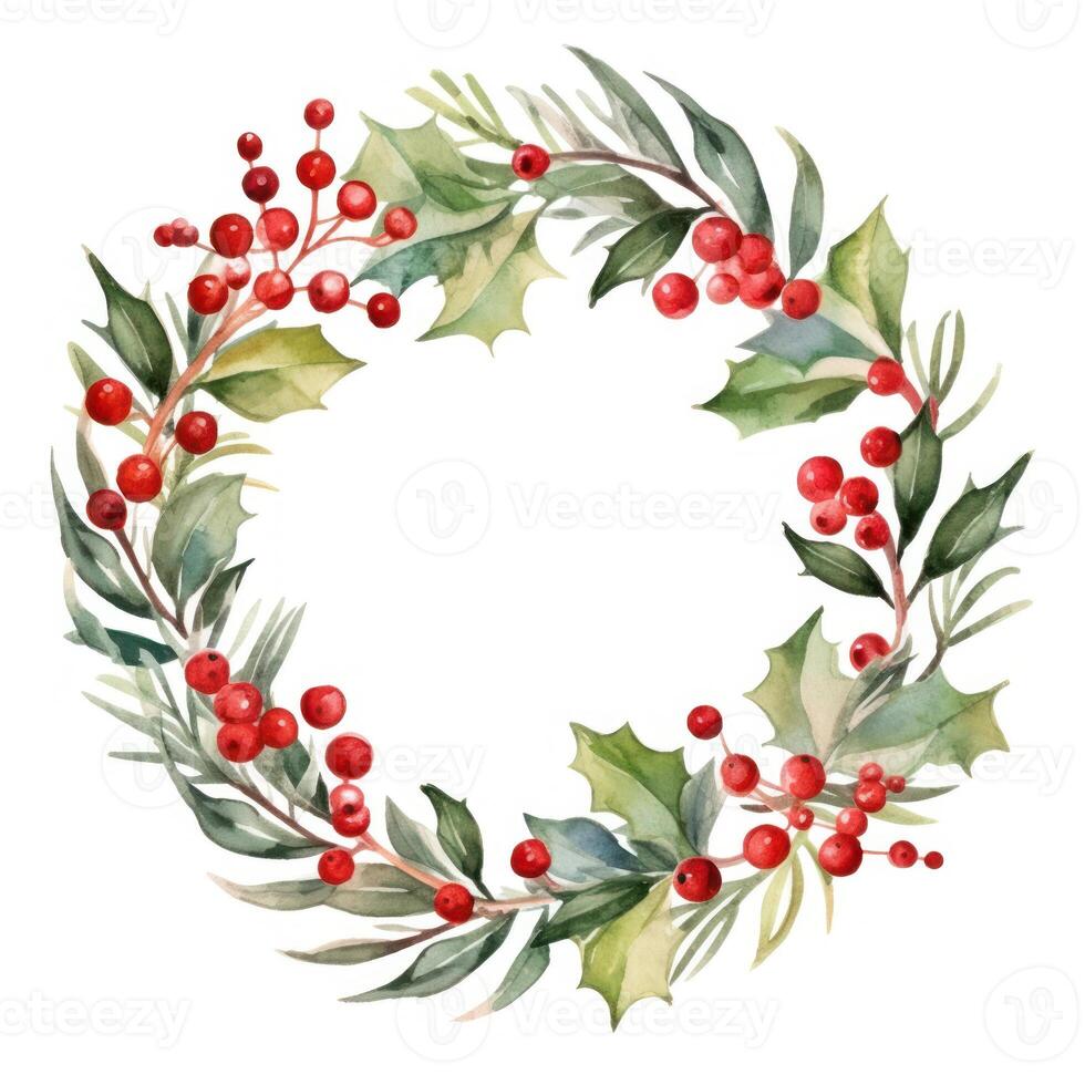 Watercolor Christmas Wreath Isolated. Illustration AI Generative photo