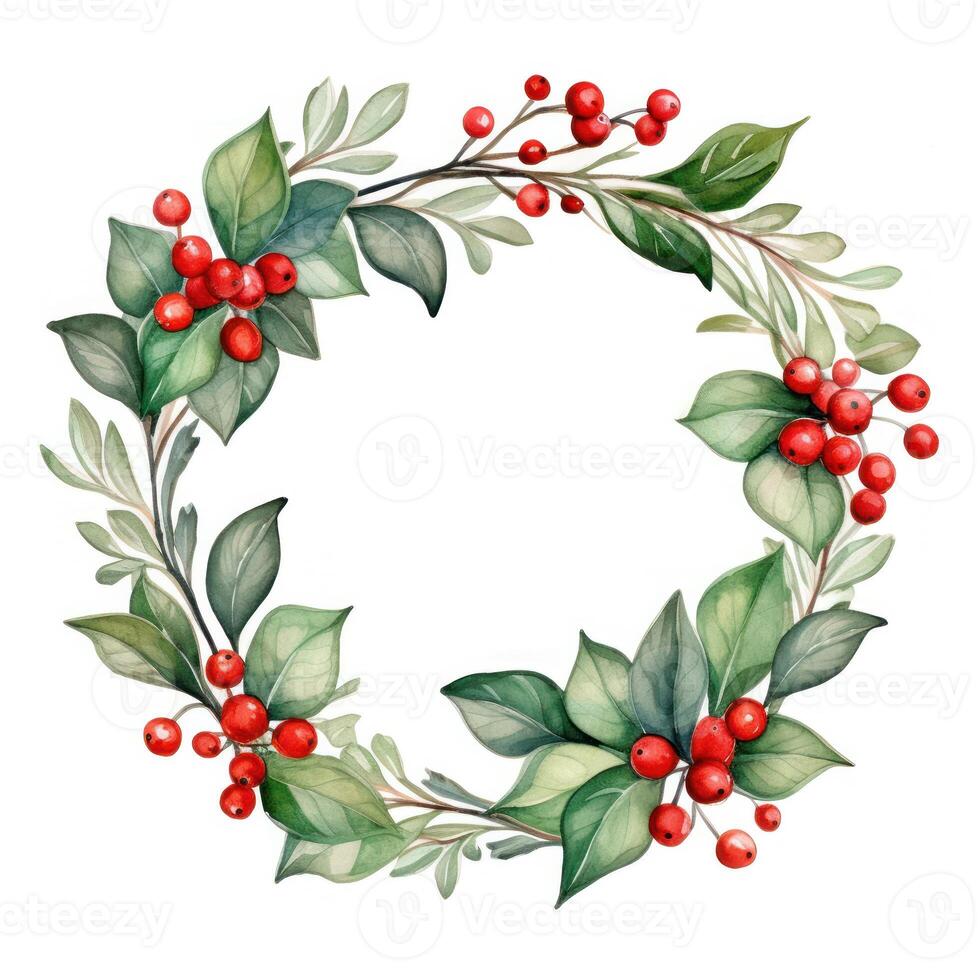 Watercolor Christmas Wreath Isolated. Illustration AI Generative photo