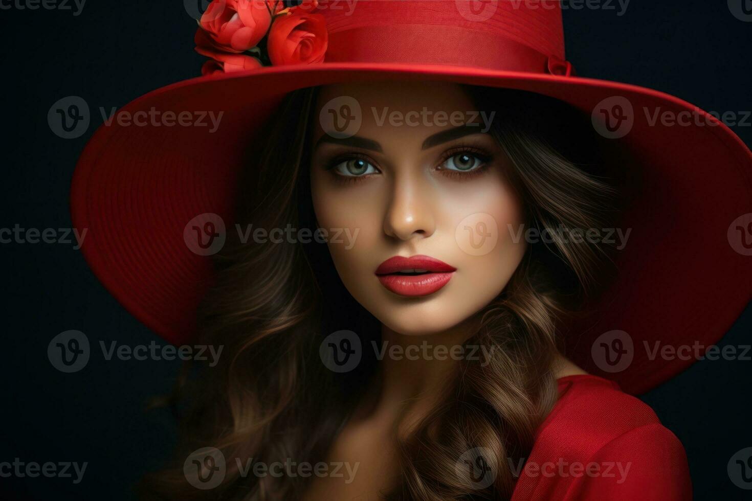 Woman in red hat. Illustration AI Generative photo