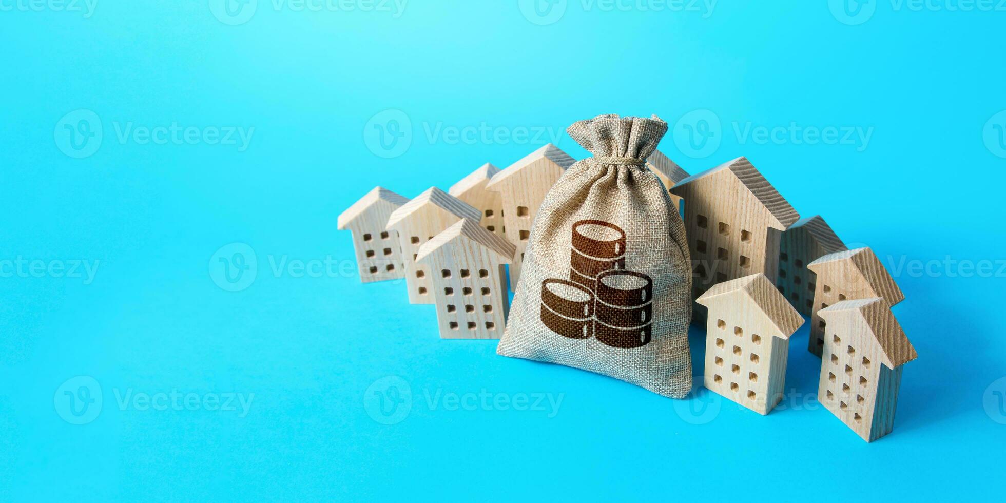 Big money bag surrounded by houses. Buying apartments. Real estate investment. Budget and funding. Mortgage loan. Construction industry. Property insurance. Housing appraisal. Valuation estimation photo