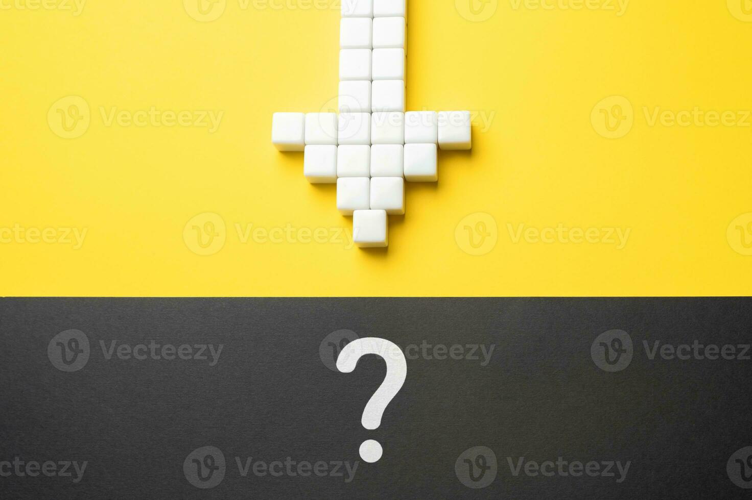 The arrow points to a question mark. Approaching the unknown. Question formation. Reasoning and thinking. Education and data analysis. Priority issue. A clue. Study and introspection. photo